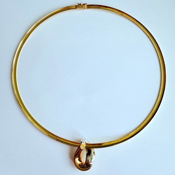 Estate 14K Yellow Gold Gooseneck Half Round Necklace Two Tone Modernist Pendant - Picture 6 of 12